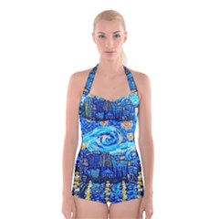 Starry Night Van Gogh Painting Art City Scape Boyleg Halter Swimsuit  by Modalart