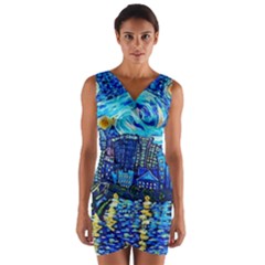 Starry Night Van Gogh Painting Art City Scape Wrap Front Bodycon Dress by Modalart