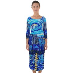 Starry Night Van Gogh Painting Art City Scape Quarter Sleeve Midi Bodycon Dress by Modalart