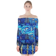 Starry Night Van Gogh Painting Art City Scape Long Sleeve Off Shoulder Dress by Modalart