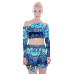 Starry Night Van Gogh Painting Art City Scape Off Shoulder Top With Mini Skirt Set by Modalart