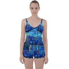 Starry Night Van Gogh Painting Art City Scape Tie Front Two Piece Tankini by Modalart