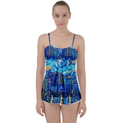 Starry Night Van Gogh Painting Art City Scape Babydoll Tankini Top by Modalart