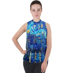 Starry Night Van Gogh Painting Art City Scape Mock Neck Chiffon Sleeveless Top by Modalart