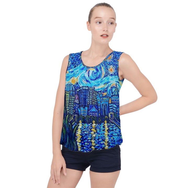 Starry Night Van Gogh Painting Art City Scape Bubble Hem Chiffon Tank Top