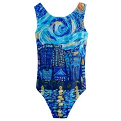 Starry Night Van Gogh Painting Art City Scape Kids  Cut-out Back One Piece Swimsuit by Modalart