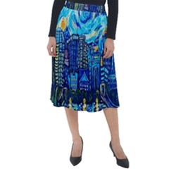 Starry Night Van Gogh Painting Art City Scape Classic Velour Midi Skirt  by Modalart