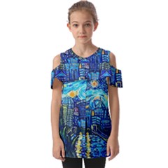 Starry Night Van Gogh Painting Art City Scape Fold Over Open Sleeve Top by Modalart