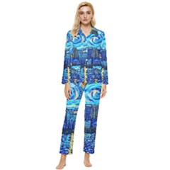 Starry Night Van Gogh Painting Art City Scape Womens  Long Sleeve Velvet Pocket Pajamas Set