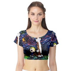 Cartoon Art Starry Night Van Gogh Short Sleeve Crop Top by Modalart