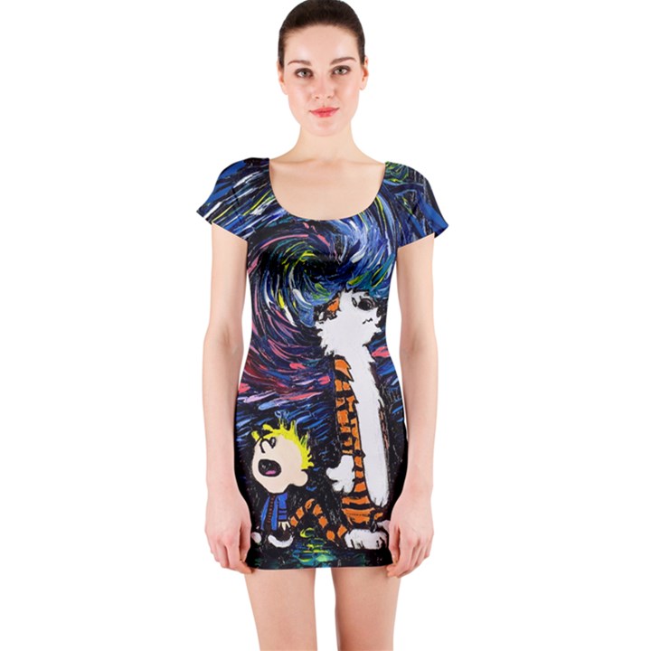 Cartoon Art Starry Night Van Gogh Short Sleeve Bodycon Dress