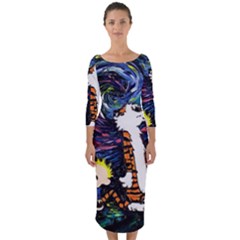 Cartoon Art Starry Night Van Gogh Quarter Sleeve Midi Bodycon Dress by Modalart