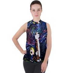 Cartoon Art Starry Night Van Gogh Mock Neck Chiffon Sleeveless Top by Modalart