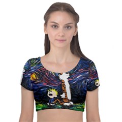 Cartoon Art Starry Night Van Gogh Velvet Short Sleeve Crop Top  by Modalart