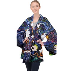 Cartoon Art Starry Night Van Gogh Long Sleeve Velvet Kimono  by Modalart