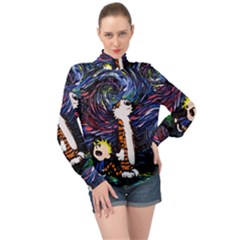 Cartoon Art Starry Night Van Gogh High Neck Long Sleeve Chiffon Top by Modalart