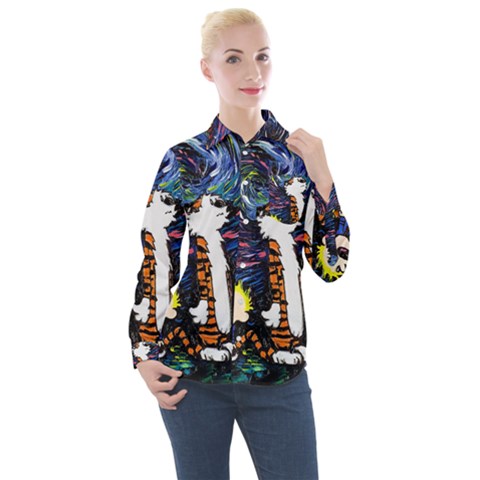 Cartoon Art Starry Night Van Gogh Women s Long Sleeve Pocket Shirt by Modalart