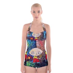 Cartoon Starry Night Vincent Van Gogh Boyleg Halter Swimsuit  by Modalart