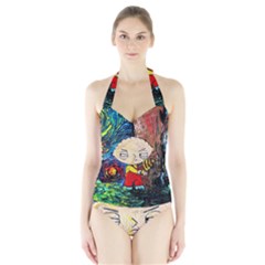 Cartoon Starry Night Vincent Van Gogh Halter Swimsuit by Modalart