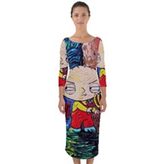 Cartoon Starry Night Vincent Van Gogh Quarter Sleeve Midi Bodycon Dress by Modalart