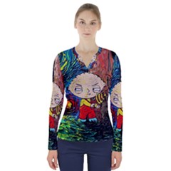 Cartoon Starry Night Vincent Van Gogh V-neck Long Sleeve Top