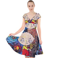 Cartoon Starry Night Vincent Van Gogh Cap Sleeve Front Wrap Midi Dress by Modalart