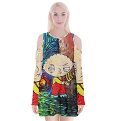 Cartoon Starry Night Vincent Van Gogh Velvet Long Sleeve Shoulder Cutout Dress by Modalart