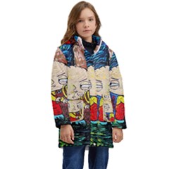 Cartoon Starry Night Vincent Van Gogh Kids  Hooded Longline Puffer Jacket by Modalart