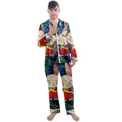 Cartoon Starry Night Vincent Van Gogh Men s Long Sleeve Satin Pajamas Set by Modalart