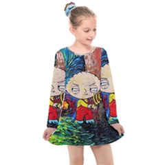 Cartoon Starry Night Vincent Van Gogh Kids  Long Sleeve Dress by Modalart