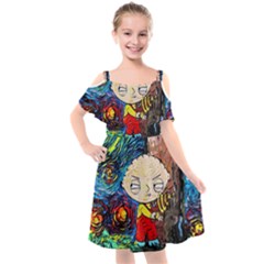 Cartoon Starry Night Vincent Van Gogh Kids  Cut Out Shoulders Chiffon Dress by Modalart