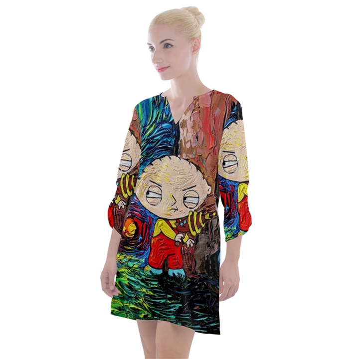 Cartoon Starry Night Vincent Van Gogh Open Neck Shift Dress