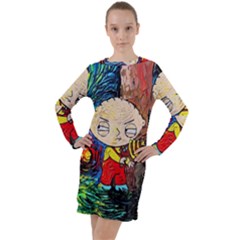 Cartoon Starry Night Vincent Van Gogh Long Sleeve Hoodie Dress by Modalart