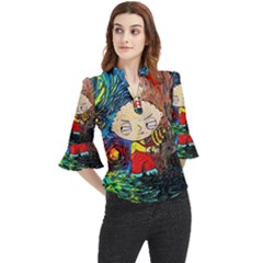 Cartoon Starry Night Vincent Van Gogh Loose Horn Sleeve Chiffon Blouse