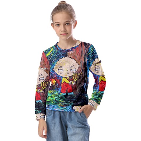 Cartoon Starry Night Vincent Van Gogh Kids  Long Sleeve T-shirt With Frill  by Modalart