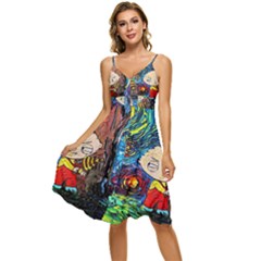 Cartoon Starry Night Vincent Van Gogh Sleeveless Tie Front Chiffon Dress by Modalart