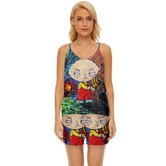 Cartoon Starry Night Vincent Van Gogh V-neck Satin Pajamas Set by Modalart