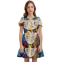 Cartoon Starry Night Vincent Van Gogh Kids  Puff Sleeved Dress by Modalart