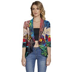 Cartoon Starry Night Vincent Van Gogh Women s 3/4 Sleeve Ruffle Edge Open Front Jacket by Modalart