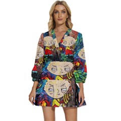 Cartoon Starry Night Vincent Van Gogh V-neck Placket Mini Dress by Modalart