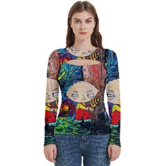 Cartoon Starry Night Vincent Van Gogh Women s Cut Out Long Sleeve T-shirt by Modalart