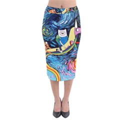 Adventure Time Art Starry Night Van Gogh Velvet Midi Pencil Skirt by Modalart