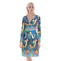 Adventure Time Art Starry Night Van Gogh Long Sleeve Velvet Front Wrap Dress by Modalart