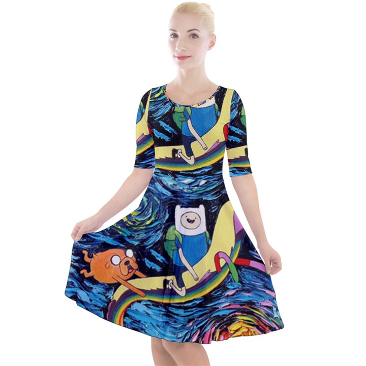 Adventure Time Art Starry Night Van Gogh Quarter Sleeve A-Line Dress