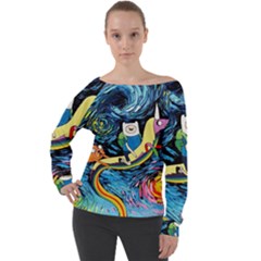 Adventure Time Art Starry Night Van Gogh Off Shoulder Long Sleeve Velour Top by Modalart