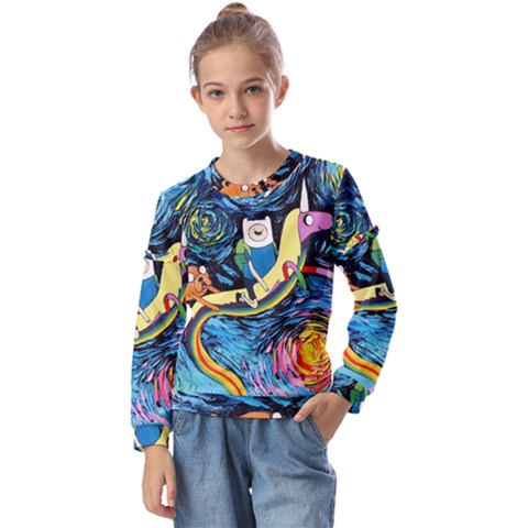 Adventure Time Art Starry Night Van Gogh Kids  Long Sleeve T-shirt With Frill  by Modalart