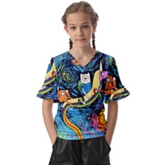 Adventure Time Art Starry Night Van Gogh Kids  V-neck Horn Sleeve Blouse by Modalart