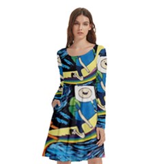 Adventure Time Art Starry Night Van Gogh Long Sleeve Knee Length Skater Dress With Pockets by Modalart