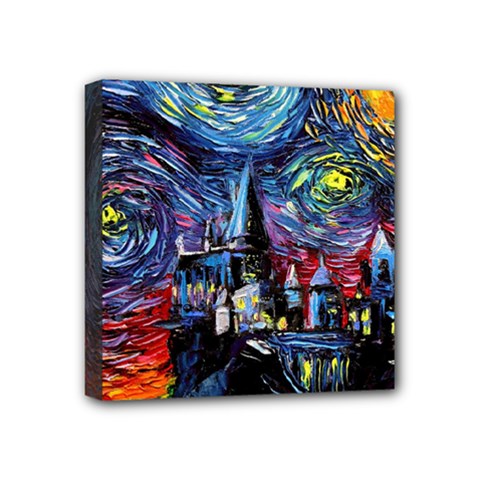 Castle Hogwarts Starry Night Print Van Gogh Parody Mini Canvas 4  X 4  (stretched) by Modalart