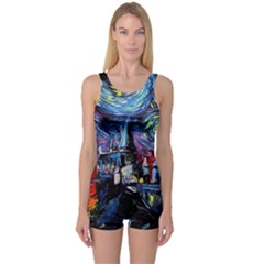 Castle Hogwarts Starry Night Print Van Gogh Parody One Piece Boyleg Swimsuit by Modalart